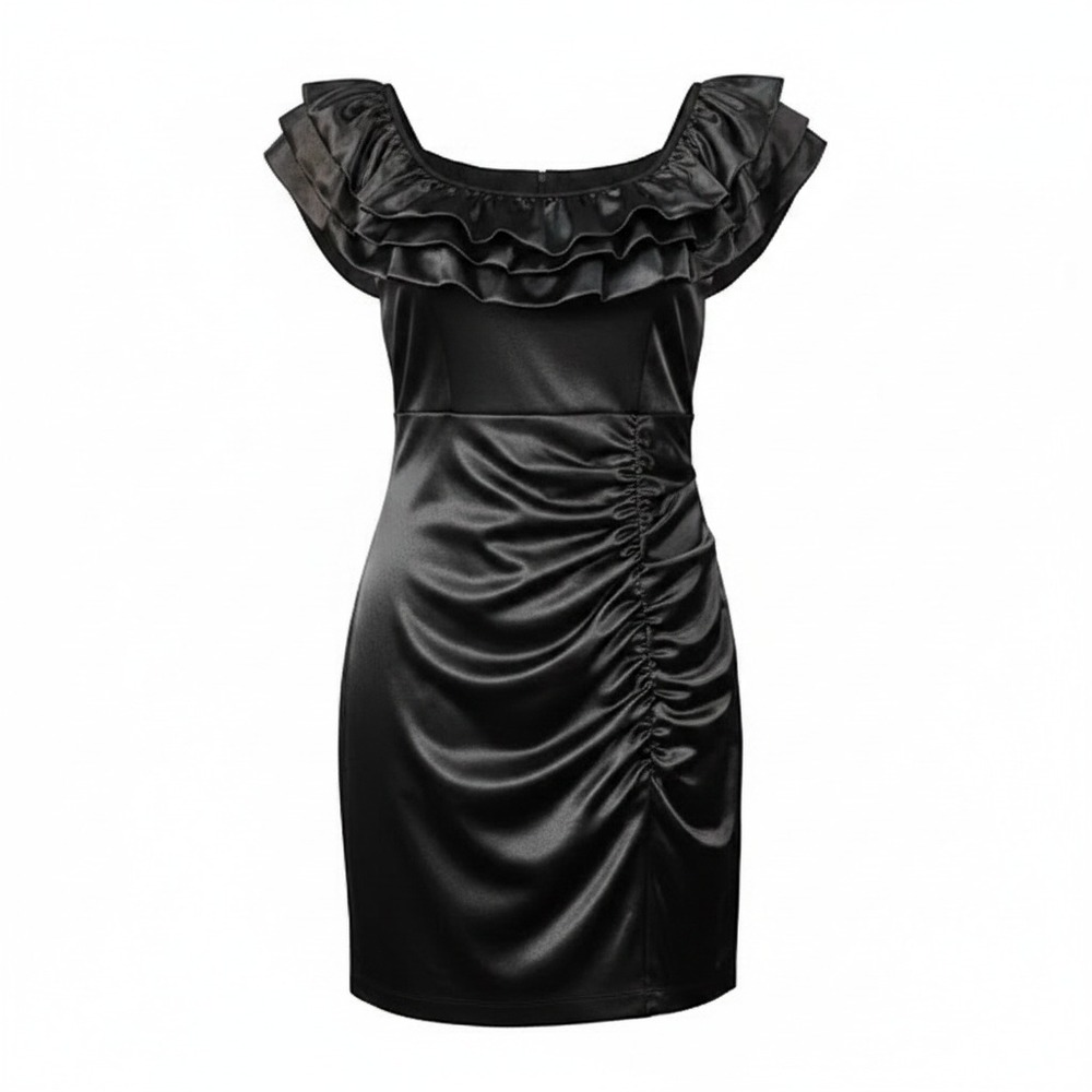 Honey and Rosie Bodycon Dress M Black Satin Ruffle Ruch Mini Whimsigoth Cocktail
